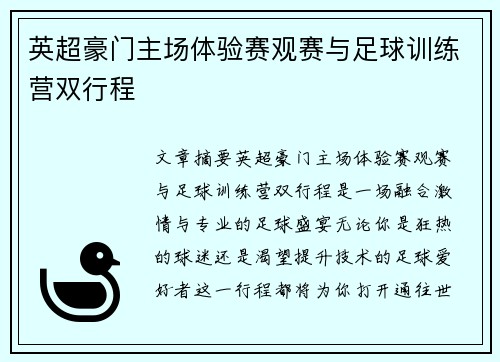 英超豪门主场体验赛观赛与足球训练营双行程