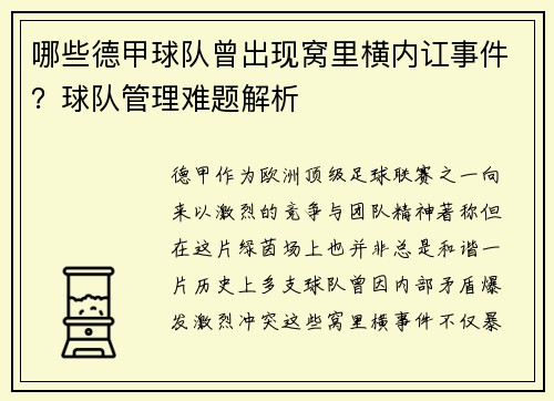 哪些德甲球队曾出现窝里横内讧事件？球队管理难题解析